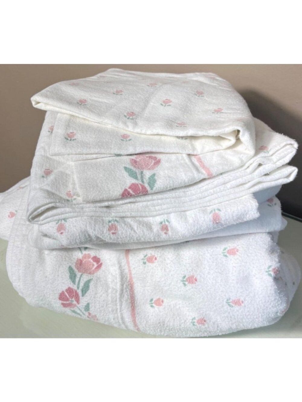 Vtg Cottagecore Flannel Twin 3 Pc Sheets White & Pink Floral Cotton Cozy Bedding